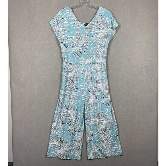 Clara Sun Woo Jumpsuit Wide Leg Crop Small Blue Tropical Palms Pockets - Picture 2 of 16